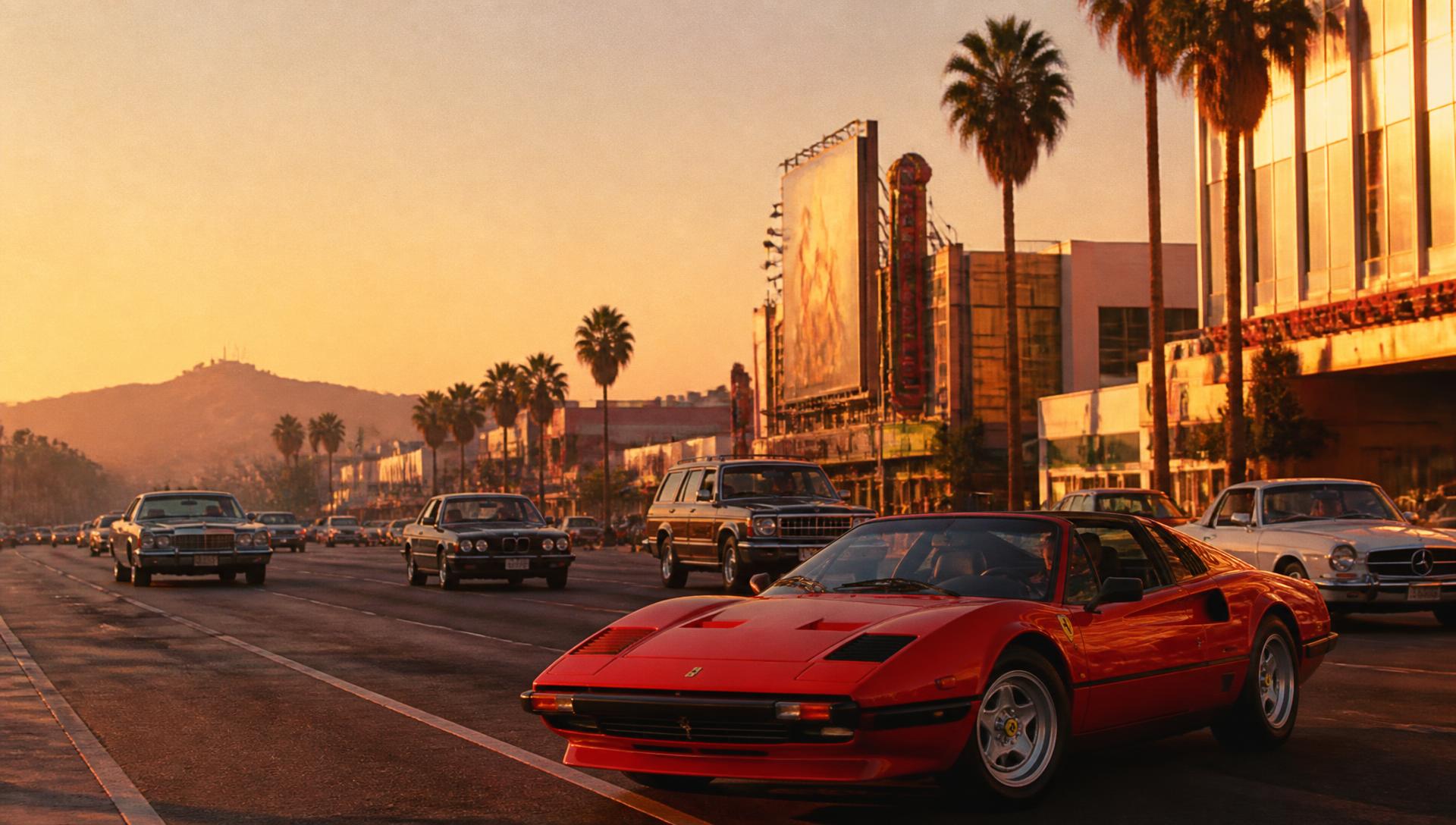 A red Ferrari 308 on Sunset Boulevard at golden hour in Los Angeles, 1985