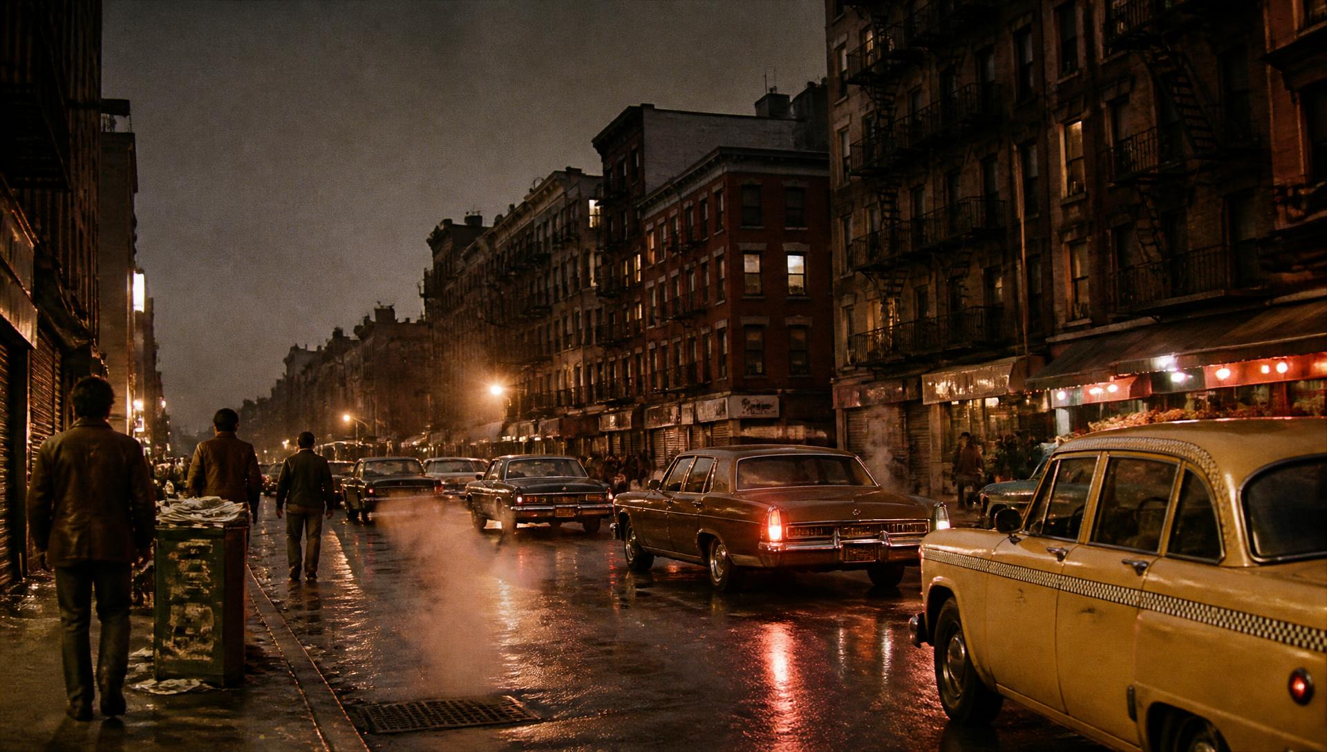 A rain-soaked New York street at dusk in 1976 with a Checker taxi and period sedans
